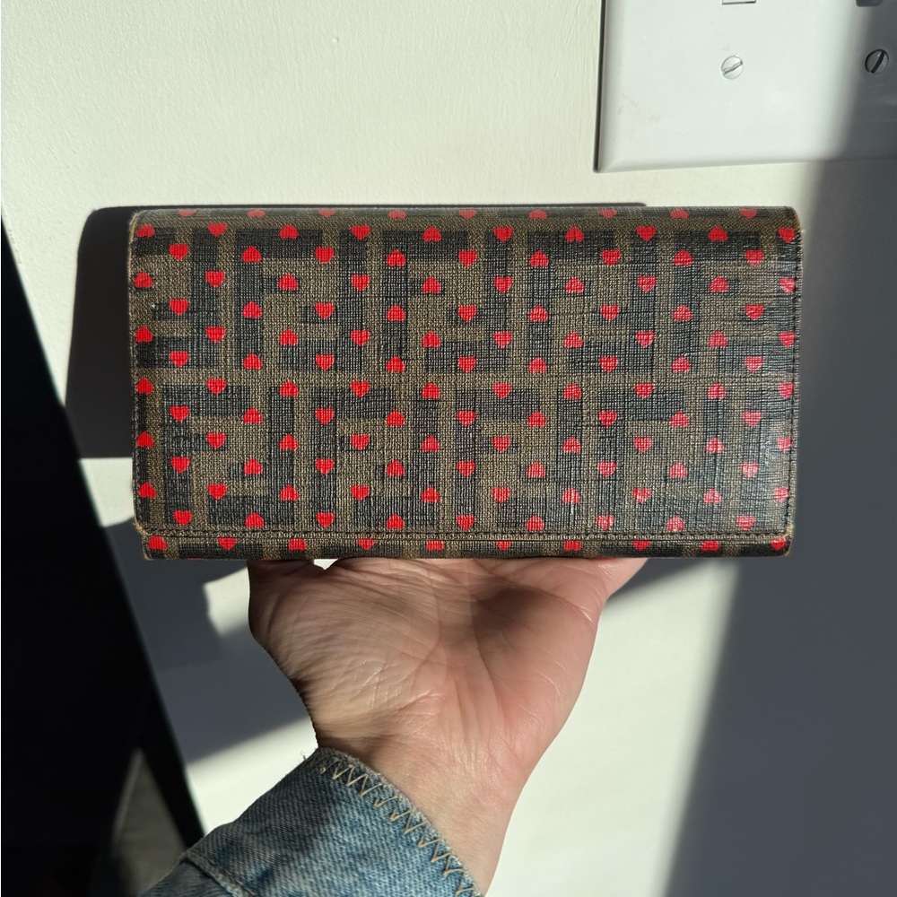 Authentic Fendi FF Heart Brown Wallet Red Heart Pattern Like New Designer Case